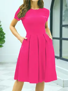Women's Elegant Chic Slim Fit Knee-Length Dress, Short Sleeve Round Neck Solid Color Design, Perfect for Casual & Formal Occasions