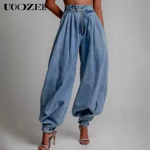 UOOZEE Women's Loose Button Solid Color Jean Pants Bottoms Knickerbockers Trousers with Pockets Slight Fading Perfect Casual Womenswear Denim Cotton Breathable Streetwear denim outfits blue summer jeans