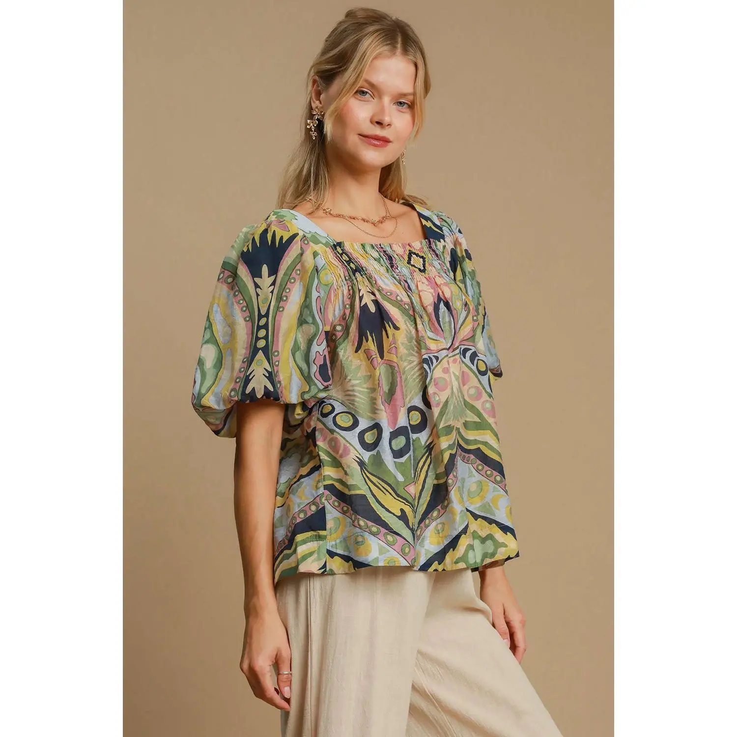 Umgee Full Size Abstract Print Smocked Square Neck Puff Sleeve Blouse