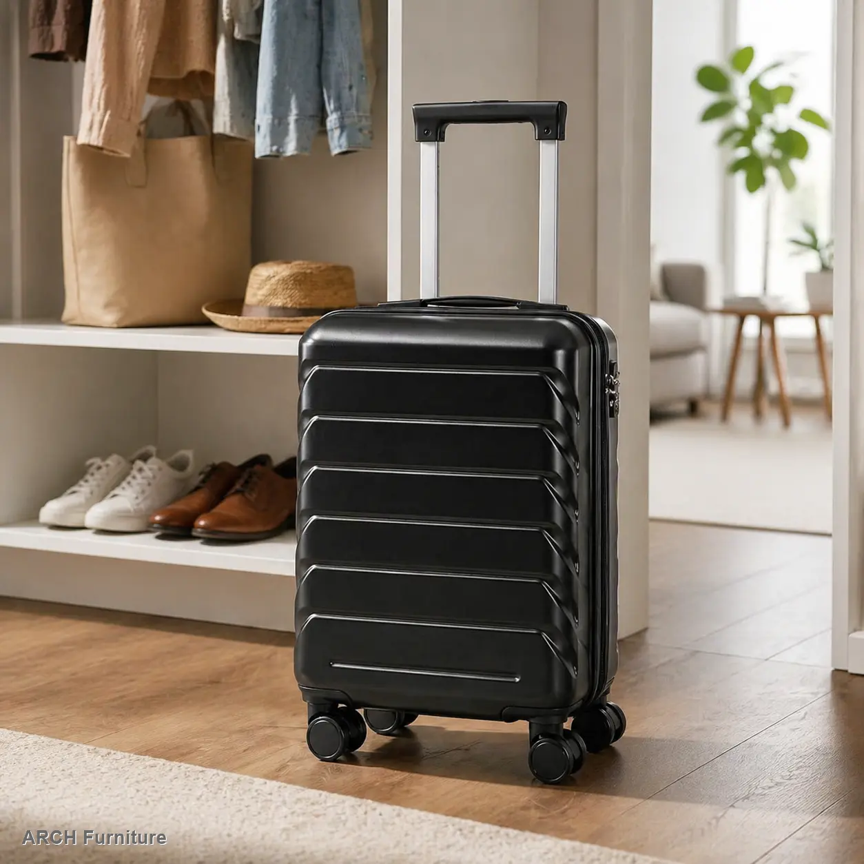 Hardshell Luggage Sets, 20in ABS Plastic Checked Luggage - Scratch-Resistant, Waterproof, Stripe Design, 4 Multi-Directional Wheels, Combination Lock, Black, Upright, High-Durability, Lightweight, Anti-Wear, Upright Carry-On Luggage