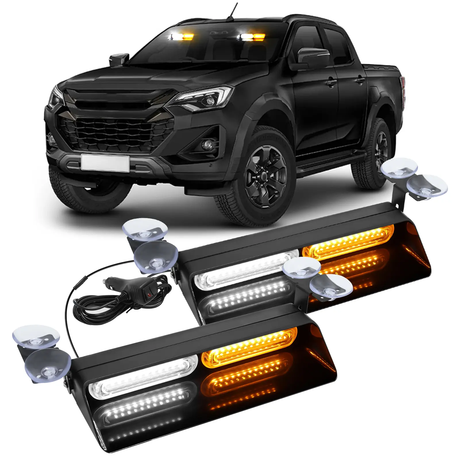 DIBMS 2-in-1 Amber White LED Emergency Dash Strobe Lights, 48 LED Windshield Warning Light with Suction Cup Mount, 17 Flash Modes DC12-24V Cigarette Lighter Powered for Truck SUV Pickup Car