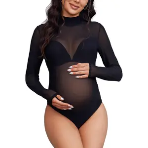 Mock Neck Maternity Bodysuit for Photoshoot Sheer Mesh Maternity Photography Outfits