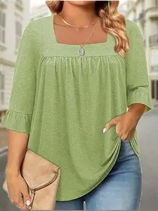 Summer New Plus Size Women's Square Neck Pleated Mid-Sleeve Plain Color T-Shirt Short Sleeve Top, Casual Fitted