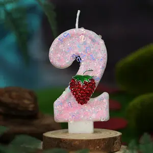 Strawberry Number Candle, Creative Princess Girl's Birthday Dessert Table Decoration Insert Card, Fruit Theme Cake Decoration, Ornaments, Cake Decorating Supplies