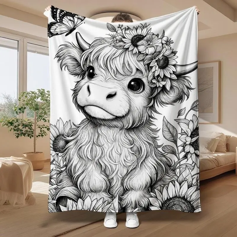 Monochrome Highland Cow Sunflower Butterfly Print Flannel Throw Blanket, Soft Cozy Blanket, Farmhouse Country Home Decor, Gift for Animal Lovers, Sofa Couch Bed Living Room Use