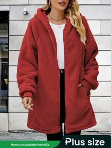 【Plus Size】 Solid Pocket Zip Up Hooded Coat Jackets, Casual Long Sleeve Plush Coat Outerwear for Fall & Winter, Women's Clothes for Daily Wear