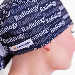 KimKaps Radiology Title Scrub Cap - Black & Gray Bouffant Style with Gray Ribbon - 100% Cotton - Made in USA - Exclusive Design for Radiology Teams