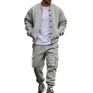 Men's Fall Outfits Sports Casual Warm Fleece Two-piece Set for Daliy Wear, Fitted Baseball Jacket & Cargo Pants, Multi-pocket Design, Essential Wardrobe ItemGift