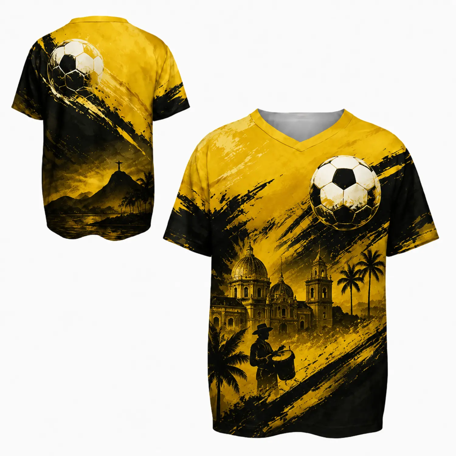 Colombian Black & Gold Soccer Jersey with Bold Football Graphic, V-Neck Sports Shirt Showcasing Iconic National Landmark Design for Fans & Enthusiasts