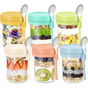 6 Pack Overnight Oats Containers with Lids and Spoons 16 Oz Glass Mason Jars for Overnight Oats Leak Proof Oatmeal Container Great for Cereal Fruit Vegetable Milk Salad Yogurt Meal Prep