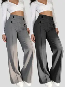 Women's High Waist Wide Leg Pants Cross Button Design Elegant Work Office Trousers