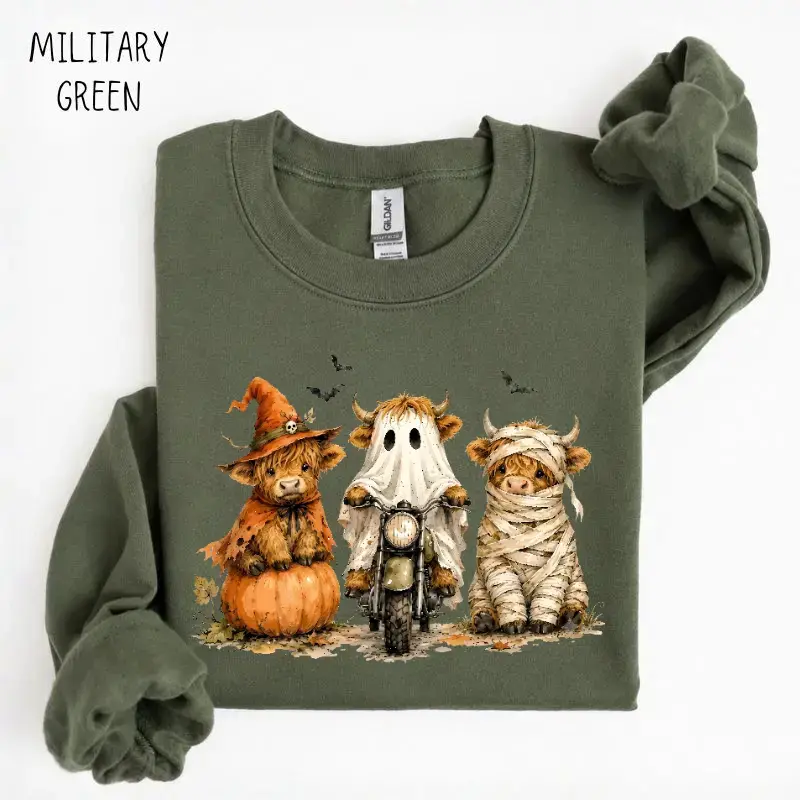 Halloween Sweatshirt, Halloween Cow Print Sweatshirt, Cute Spooky Cow Crewneck, Fall Halloween Pullover, Spooky Season Sweatshirt, Halloween Gift