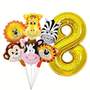7pcs 32 Inch Number Aluminum Foil Balloons, Cartoon Mini Animal Head Balloons for Kids Birthday Party Decorations, Balloon Decorations Kit, Balloon Set