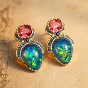 Nomad Jewels | Vintage Blue Opal Waterdrop Studs, Retro Pink & Azure Crystal Earrings, Ethereal Mermaidcore Jewelry, Fantasy Style Gift #nomadjewels #opalearrings #bluejewelry #mermaidcore #fantasyjewelry #statementstuds #giftforher, Retro Vibe, Copper Al