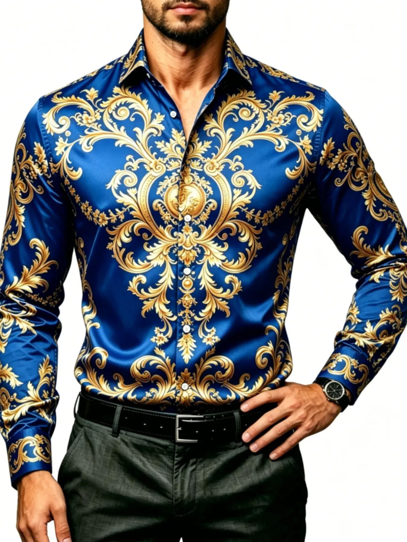 Men's Satin Baroque Print Long Sleeve Floral Shirt, Collared Shirts, Casual Turn-Down Collar Top, Slim-Fitting Solid Pattern, Classic Style, Elegant Casual, Classic Casual Fashion