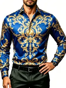 Men's Satin Baroque Print Long Sleeve Floral Shirt, Casual Turn-Down Collar Top, Slim-Fitting Solid Pattern, Classic Style, Elegant Casual, Classic Casual Fashion