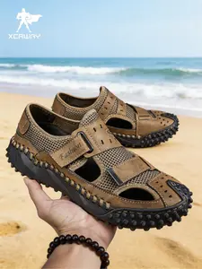 Summer Men's Lightweight Shockproof Sandals, Casual Round Toe Sports Flip Flops, Microfiber Leather, Rubber Sole, Streetwear & Weekend Outing, Casual Outdoor Sandals