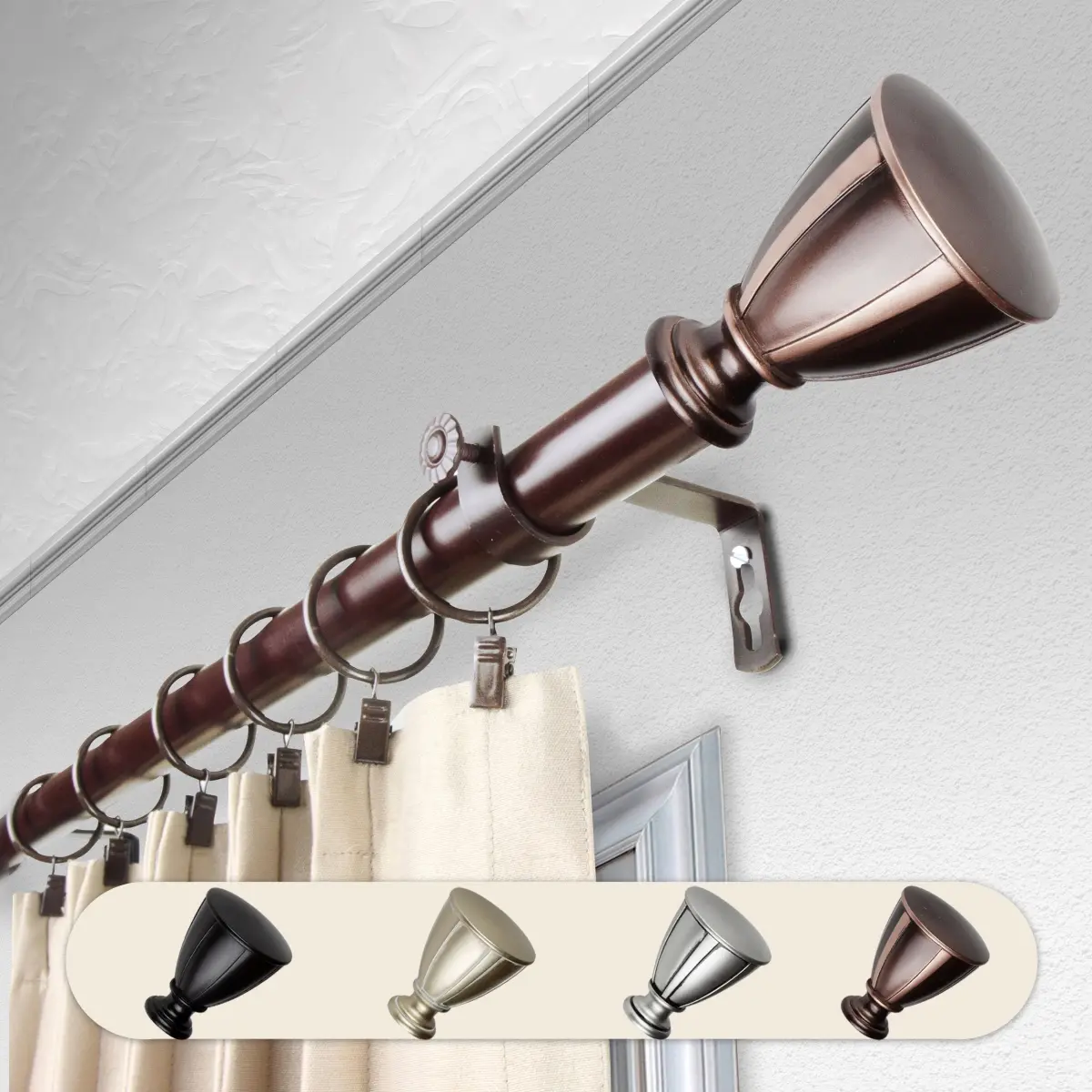 Durable Metal Bronze Finish Maja Single Rod Set Curtain Rod for Home, 1 in. Dia., 28-48 in. Adjustable Length