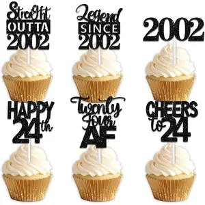 30pcs Black Glitter Dessert Cupcake Pick for Straight Outta 2002 Legend Since 2002 Theme Decor Supplies Men's 24th Birthday Party Decoration