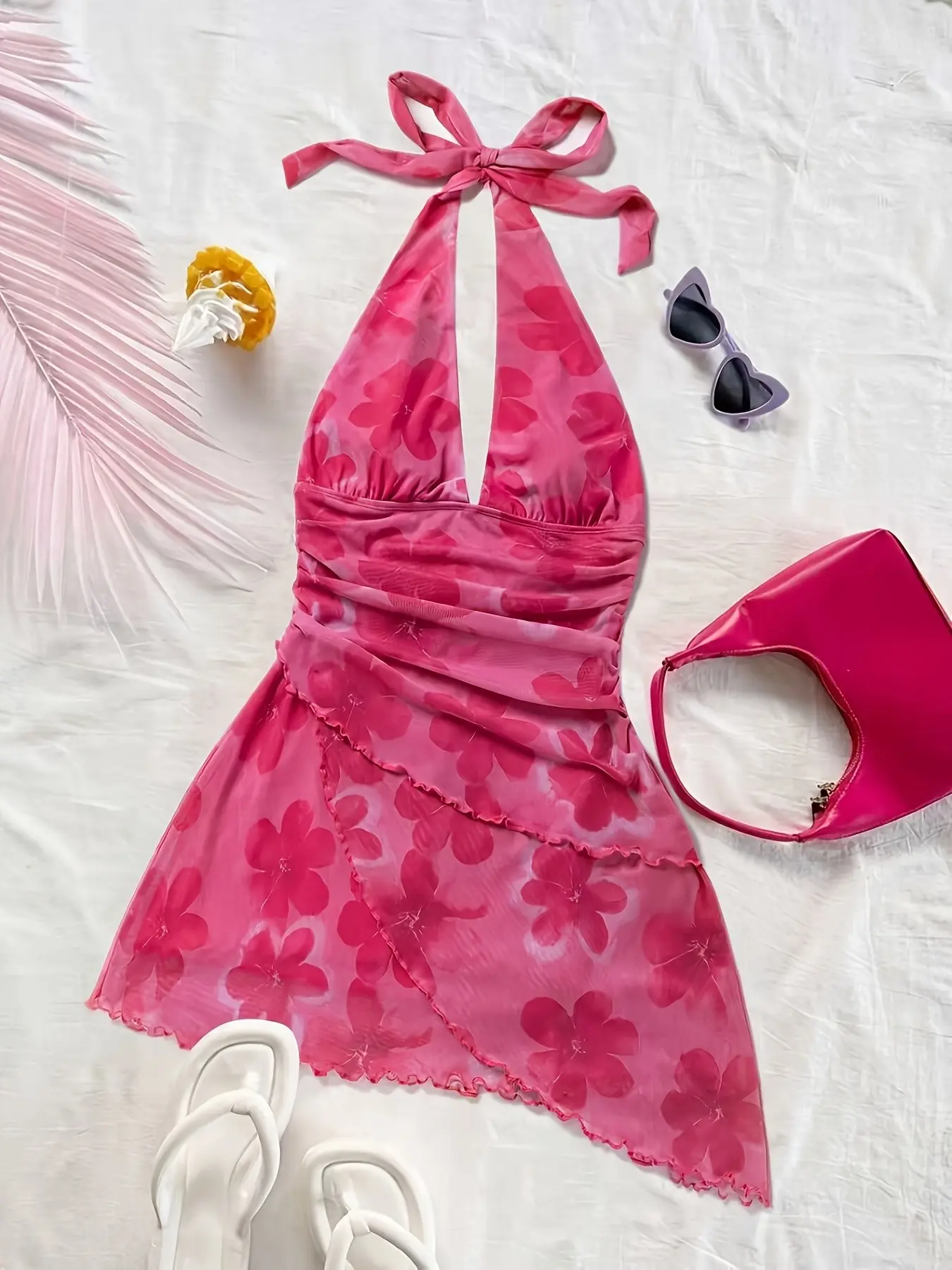 Women's Floral Print Halter Strap Sleeveless Mini Dress, Ruffled Ruched Mesh V-Neck Backless Formal Wear Evening Cocktail Dress, Asymmetrical Lace Hem, Y2K Style, Feminine, All Seasons