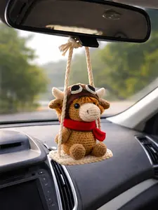 Handmade Crochet Cow on a Swing Car Hanging Accessory - Cute Rearview Mirror Animal Decor, Aesthetic Highland Cow Car Ornaments Gift
