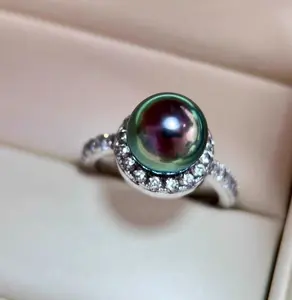 Natural seawater pearl Tahitian 9mm emerald with sapphire green diamond ring