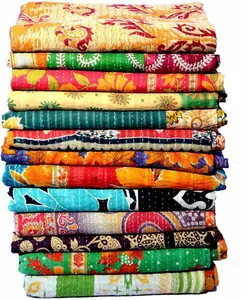 Indian Handmade Vintage Kantha Quilts Tribal Kantha Cotton Bed Cover Throw Assorted Patches Made Rally Reversible Bedspread Throw Cotton Sari Patches Blanket(1Pcs)