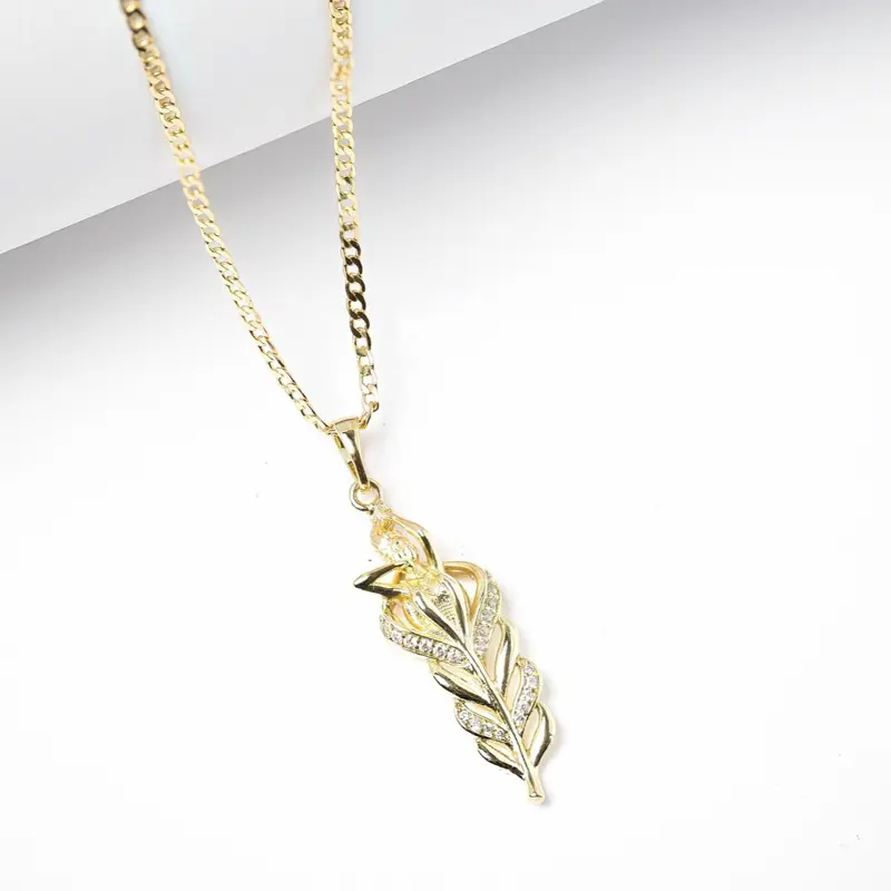14K Gold Plated Feather Pendant Necklace with 2mm Chain 16 18 22 Inches Elegant Sparkling Clear Stone Accents for Everyday Wear, Multiple Lengths