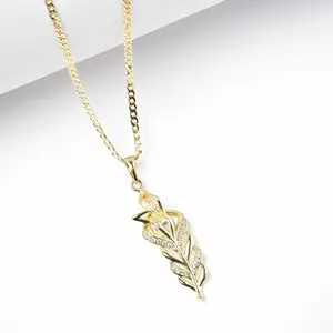 14K Gold Plated Feather Pendant Necklace with 2mm Chain 16 18 22 Inches Elegant Sparkling Clear Stone Accents for Everyday Wear