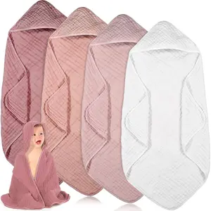 Peryiter 4 Pcs Muslin Hooded Baby Towels, 32x 32'' Cotton Newborn Bath Towel Muslin Infant Baby Blankets Absorbent Unisex Christmas Registry Gift Essentials for Girls Boys (Light Pink)