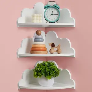 Cloud Corner Floating Shelves,Set of 3 White Corner Wall Shelf Floating Wooden Cute Wall Mounted Shelves Clouds Dispaly Shelf for Kid’s Room,Toys, Plants & Storage