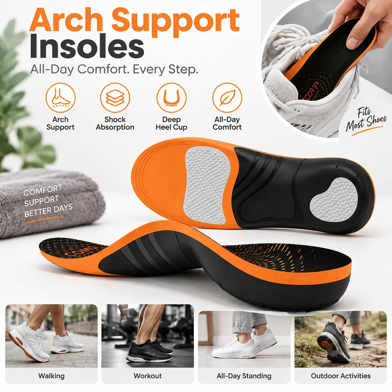 Com MUMU Plantar Fasciitis Insoles, heavy-duty inserts with high arch support for men and women (up to 260 lbs), heel pain relief, suitable for work boots and sneakers, orthopedic shoe insoles