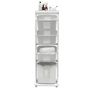 4-Tier Laundry Hamper Sorter, Laundry Storage Organizer with Wheels Removable Rolling Laundry Baskets, Bathroom Cart for Dirty Clothes, White
