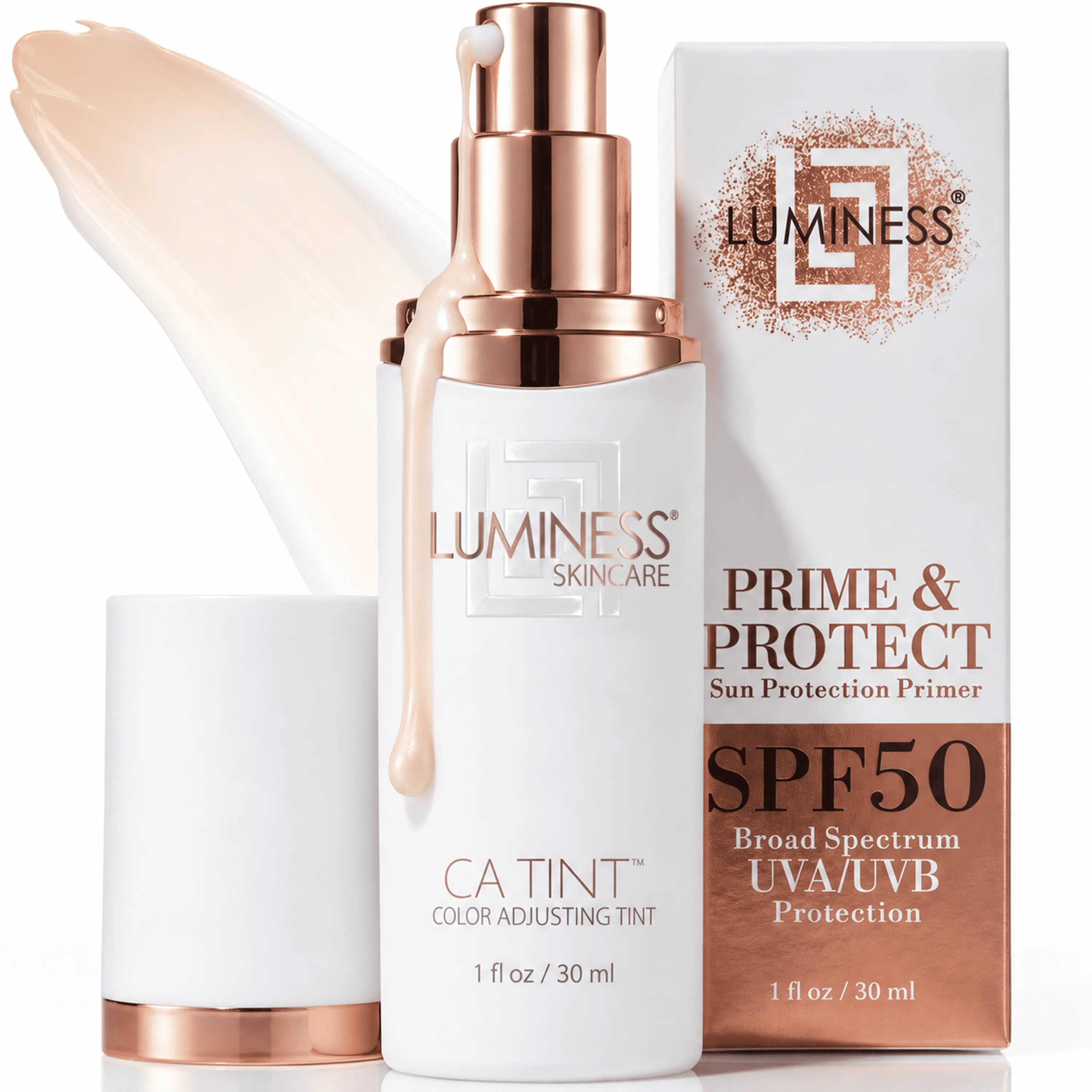 LUMINESS Color Adjusting Facial Tinted Moisturizer SPF 50 2-Piece Set - Dewy Hyaluronic Acid Primer, Lightweight Daily Hydrator (Hydrate, Lock Moisture), Sheer Coverage Face Care Product, Radiant Natural Finish Broad Spectrum Sunscreen (Apply Daily)