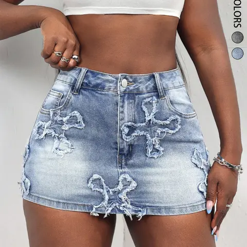 Women's Cross Patch Pocket Bodycon Slim Fit Denim Mini Skirt。Women's Casual Fashion Street Chic Cross Frayed Hem Washed Denim Mini Skirt, Y2K Washed Vintage Denim Skirt，Summer, Womenswear Bottoms。。