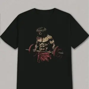 Men's Summer T-shirt| Jesus Christ Lifting Weights Print (Religious+Fitness)| 100% Cotton 180gsm, Round Neck| Short Sleeve, Regular Fit| Machine washable without fading| Gym Clothing, Daily, Outdoor| Sizes S-XXXL Unisex| Express Your Faith