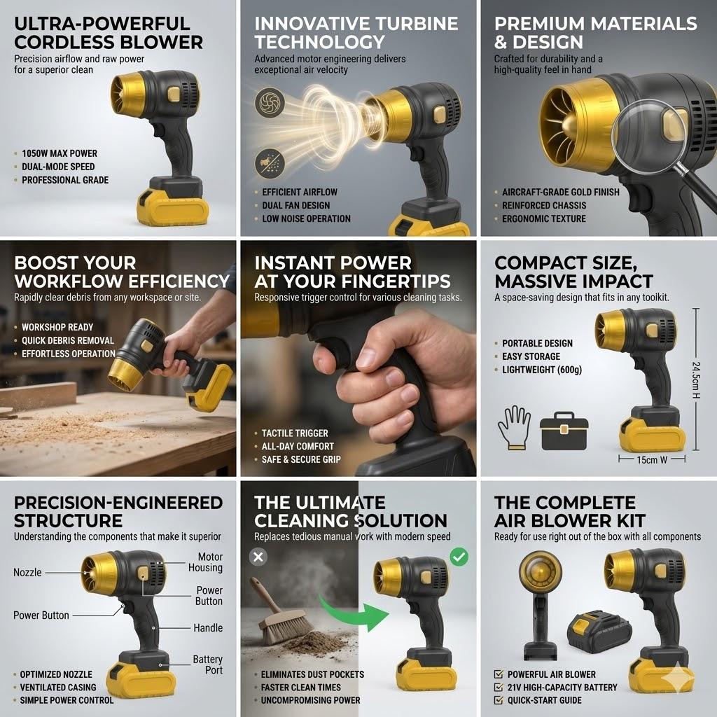 21V Cordless Powerful Air Blower, 1050W Max Handheld Turbo Jet Fan, Rechargeable Portable Dust Blower for Car Cleaning, Home Dust Removal, Pet Drying, Camping Fire Starter, Lightweight 1200g Cordless Blower Tool