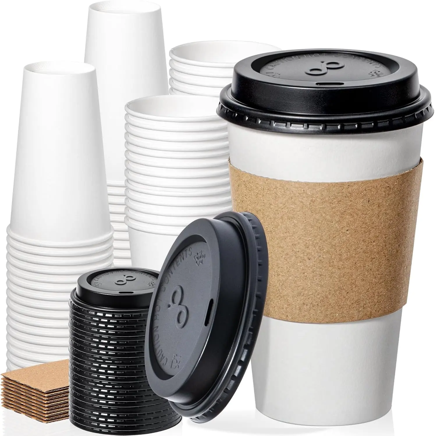 Fit Meal Prep Disposable Paper Coffee Cups with Lids & Sleeves, 8–20 oz Hot To Go Cups,50/100/500 Pack for Coffee, Home, Office & Party
