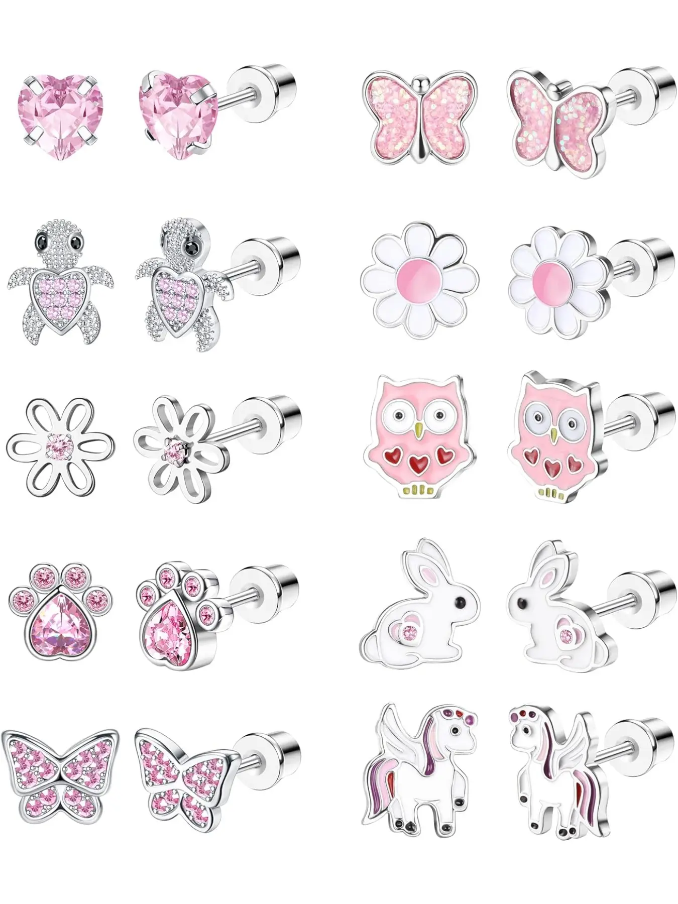 10 Pairs Cute Screwed Stud Earrings for Women, Girls, Stainless Steel Multicoloured Heart, Flower, Butterfly, Rainbow CZ Stud Earrings, Hypoallergenic Screw Back Earrings, Stud Earring Jewelry