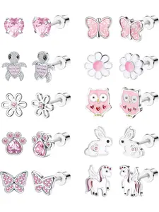 10 Pairs Cute Screwed Stud Earrings for Women, Girls, Stainless Steel Multicoloured Heart, Flower, Butterfly, Rainbow CZ Stud Earrings, Hypoallergenic Screw Back Earrings