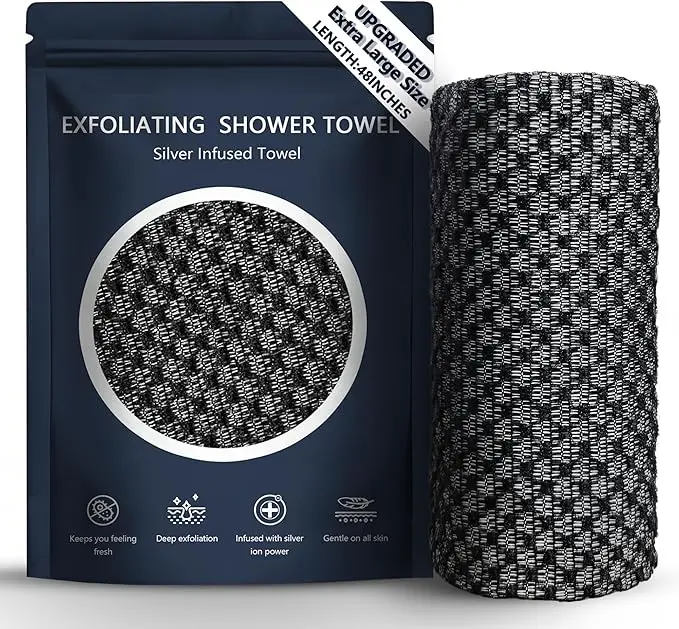 Silver Towel Exfoliating Shower Towel 48", Premium Scrub Wash Cloth for Body Face, Exfoliating Washcloth for Men and Woman
