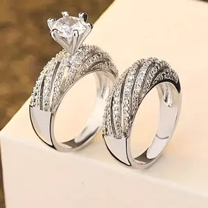 Elegant couple's ring set – Alloy with gemstone inlay