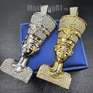 MaxBling81 Large Iced Out Queen Nefertiti Pendant, Unisex Hip Hop Gold Plated Egyptian Amulet with Cubic Zirconia, 80x35mm, Gold Plated Amulet, Jewelry Accessory