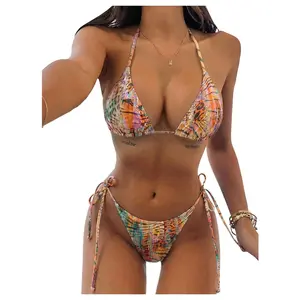 Floral Triangle Thong Bikini Sets Halter Gingham Swimsuit Bathing Suit