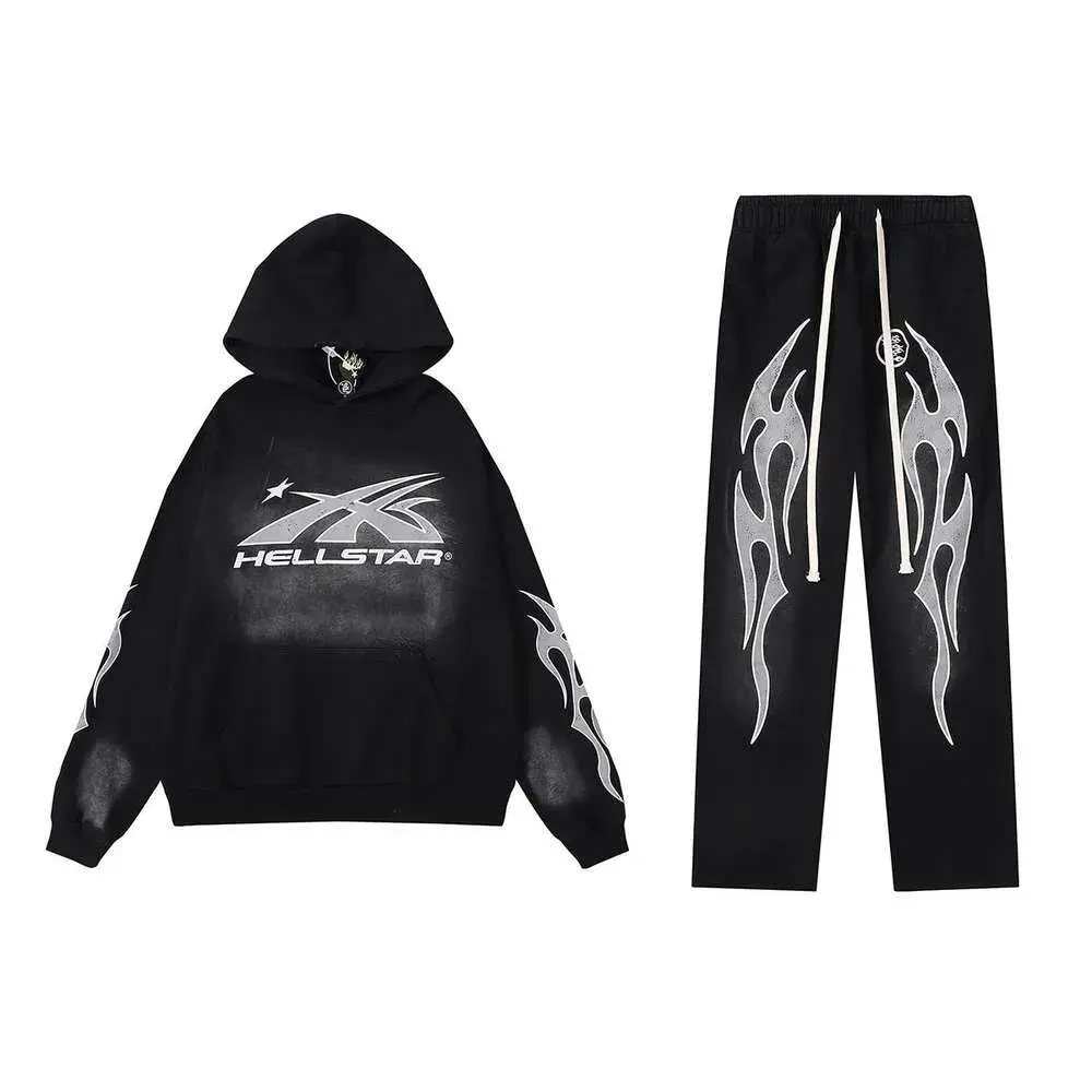 Hellstar Black Hoodie & Sweatpants Set with Flame Design for Men, Y2K Hip Hop Casual Set