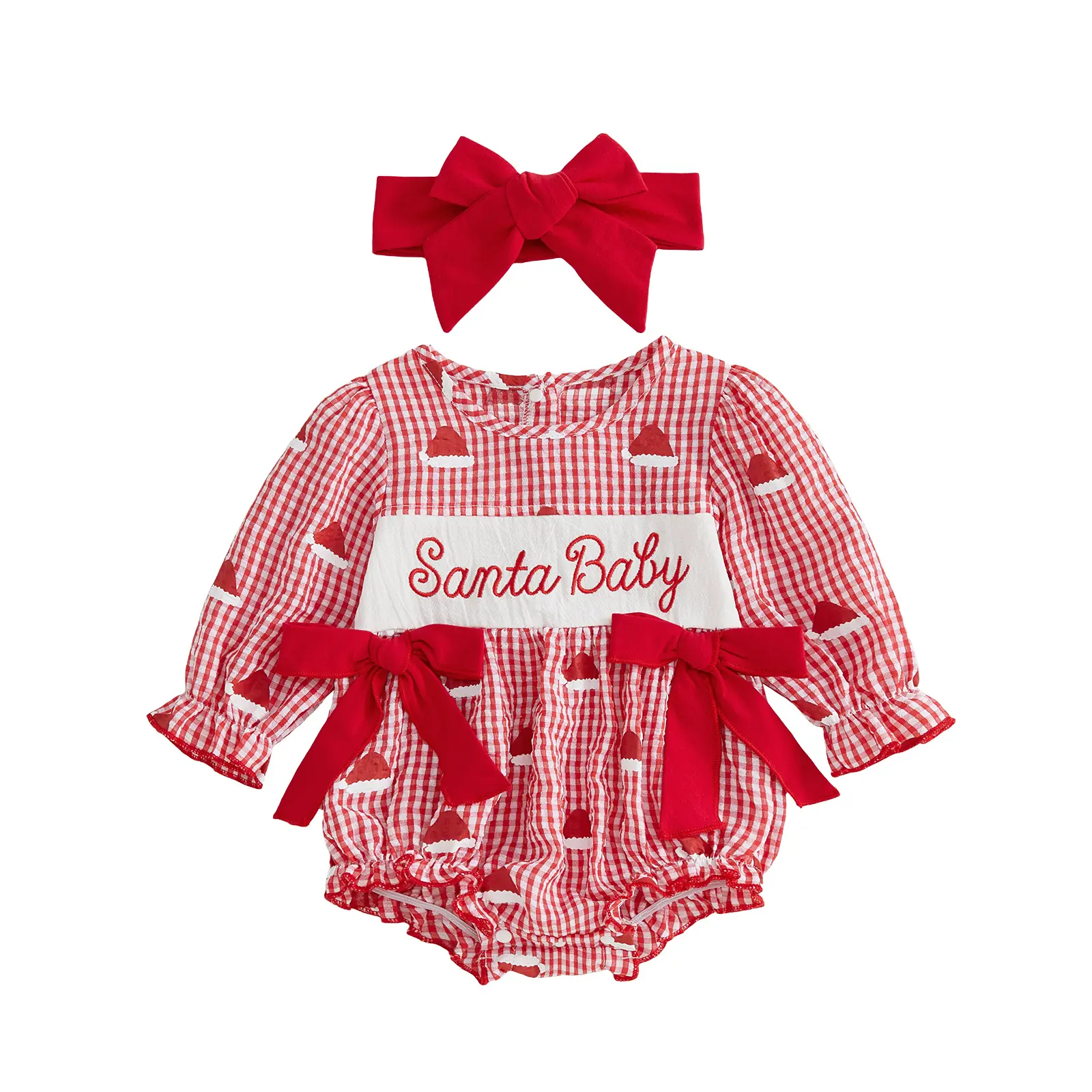 Infant Baby Girls Christmas Plaid Romper Letter Embroidery Long Sleeve Bodysuit with Bow Headband Fall Winter 0-18 Months