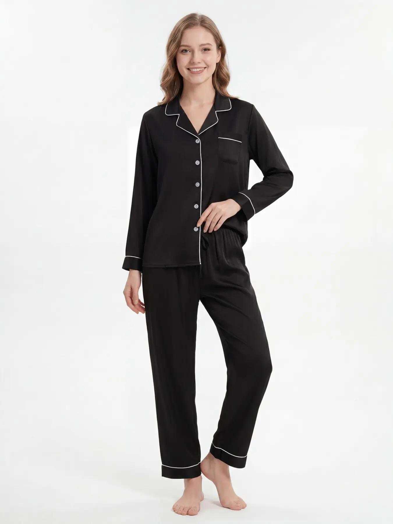 Women's Solid Color Satin Pajama Set Long Sleeve Long Pants Two-Piece Loungewear Nightwear Minimalist Basic Loungewear Sleepwear Set