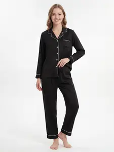 Women's Solid Color Satin Pajama Set Long Sleeve Long Pants Two-Piece Loungewear Pjs Homewear Womenswear Lady Nightwear