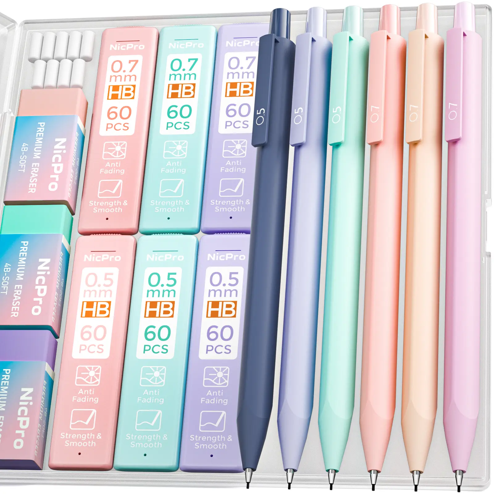 Nicpro Pastel Pencils Set, 6-Pack 0.5mm & 0.7mm Mechanical Pencils with 6 Tubes HB Lead Refills, 3 Erasers, 9 Eraser Refills - Office Stationery Supplies for Creative Projects
