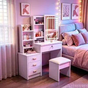 Makeup Vanity Desk With Mirror And Lights,Sliding Mirror & Drawers & Storage Shelves & Stool, Brightness Adjustable,3 Lighting Mode, For Bedroom,White